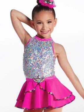 Weissman | Hit the Lights Hot Pink Silver Sequin Dance Costume with Skirt, SC